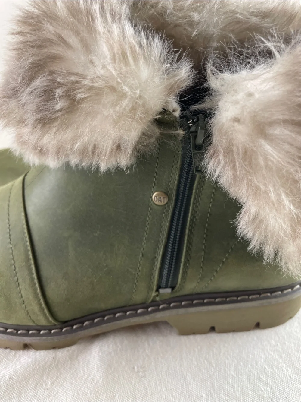 CAT Faux Fur Cuff Ankle Boots - Olive Green Size 11